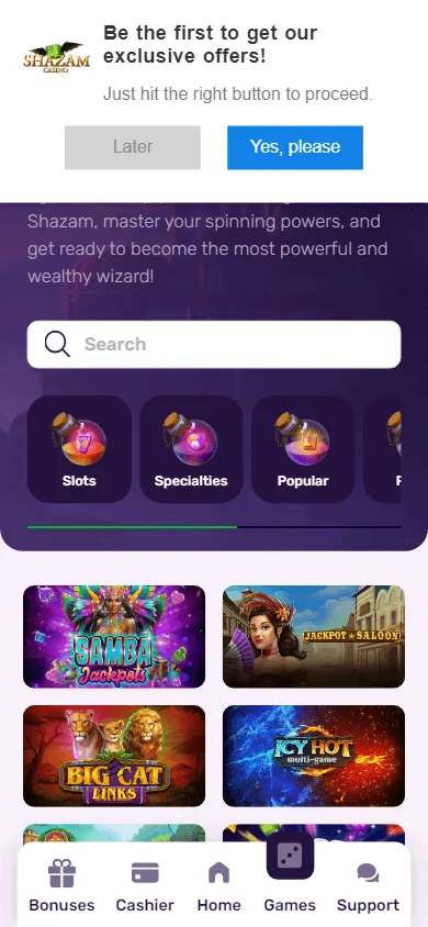 Shazam Casino games screen on a mobile device