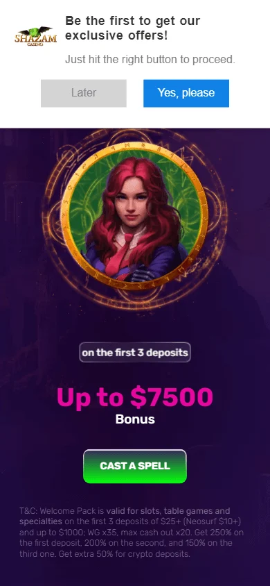 Shazam Casino promotions screen on a mobile device