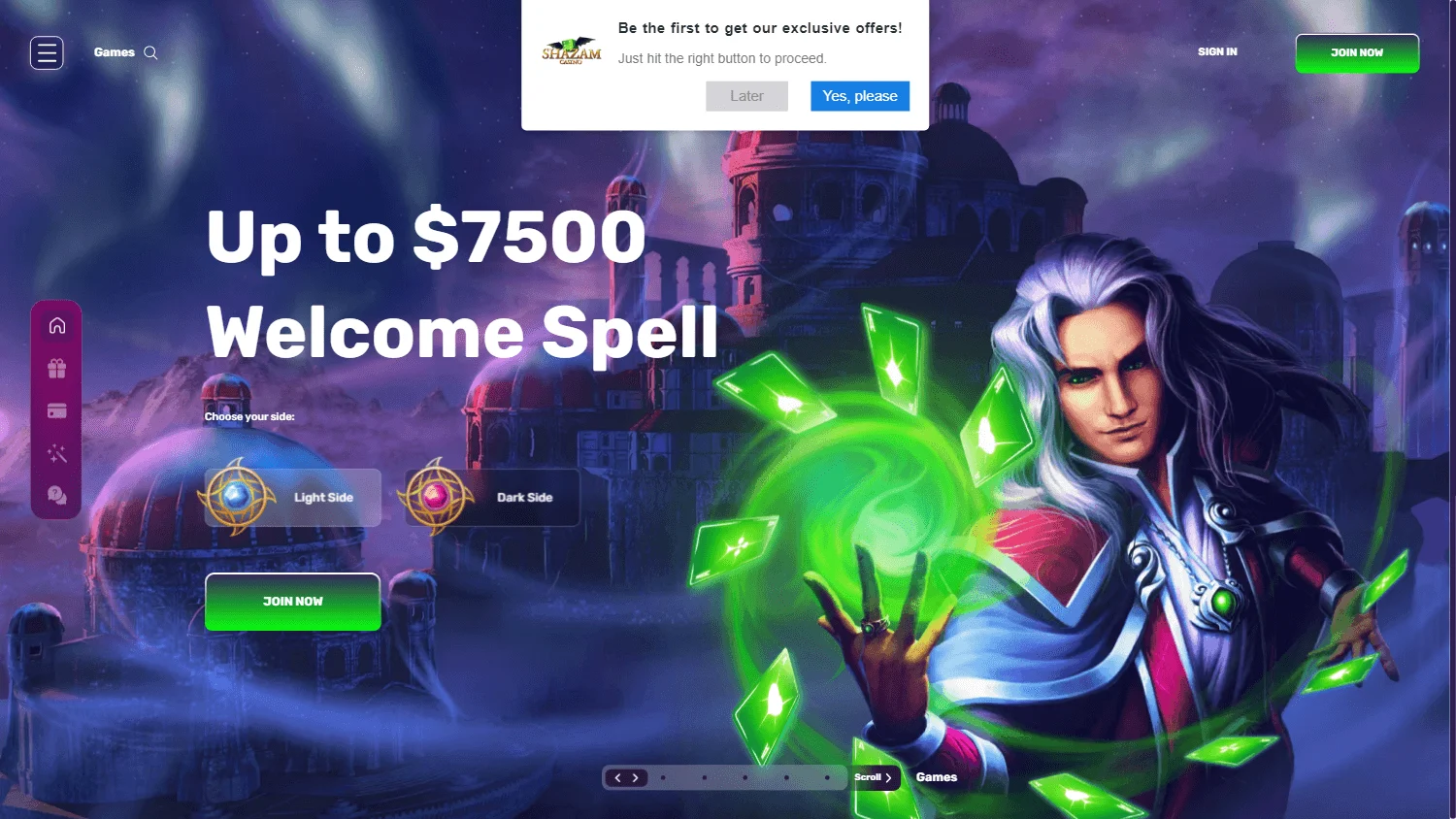 Shazam Casino home screen on desktop