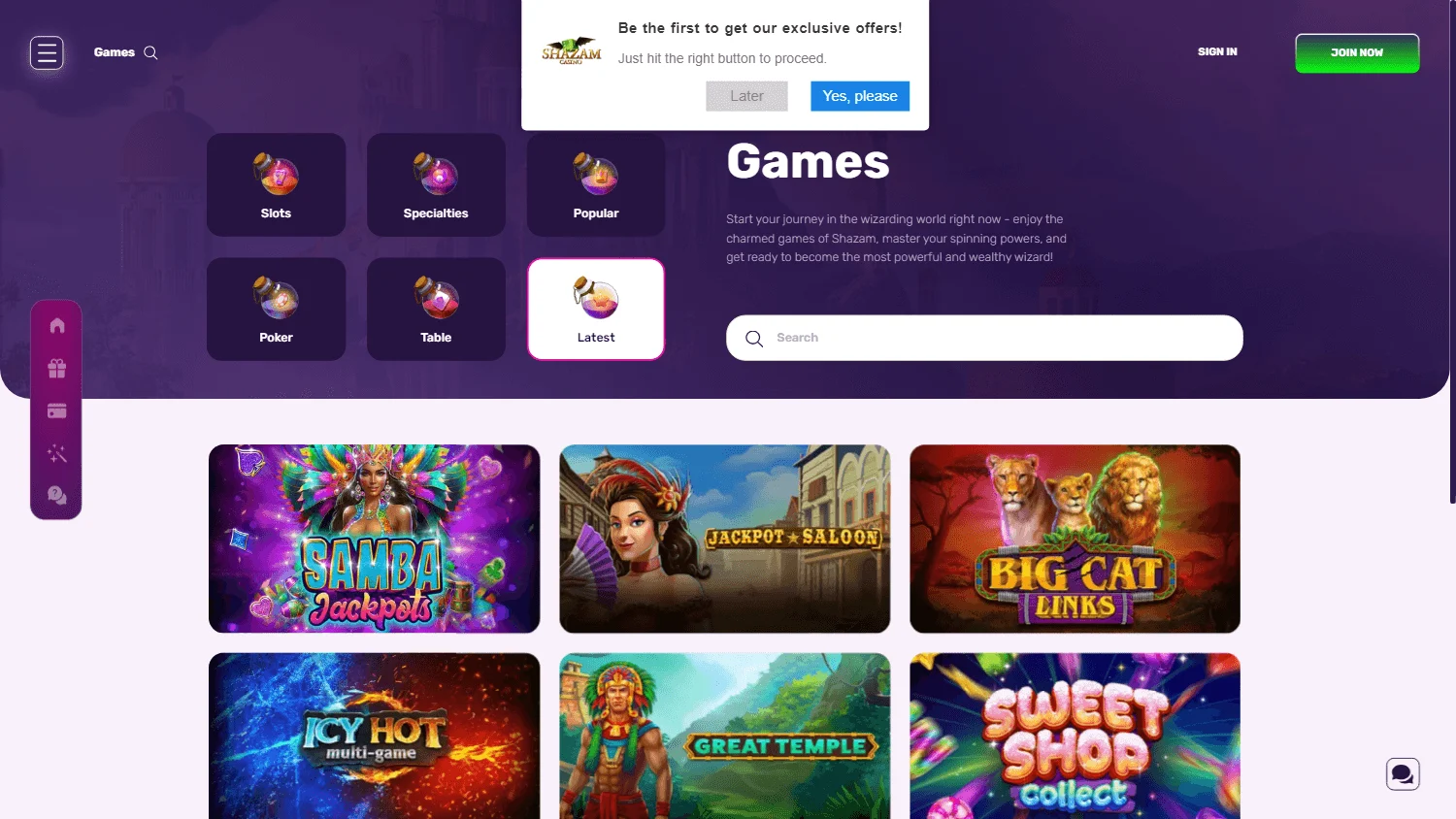 Shazam Casino games screen on desktop