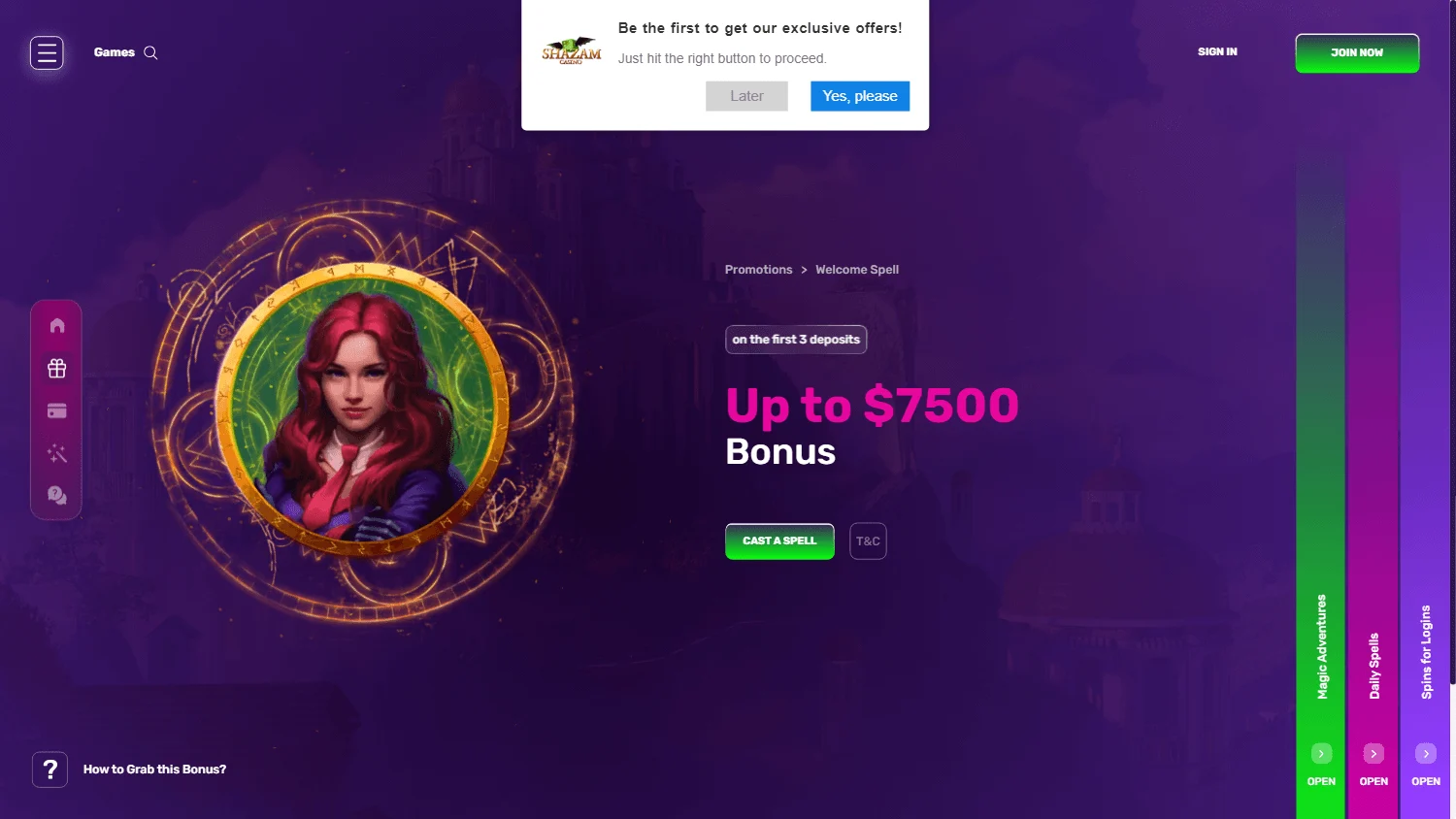 Shazam Casino promotions screen on desktop